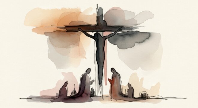 Somber watercolor illustration of christ's crucifixion and mourning silhouettes, capturing the spirit of good friday.