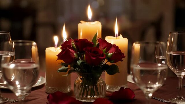 Romantic dinner table setting with red roses and candlelight for valentines day or anniversary celebration stock video