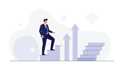 Obraz premium Businessman climbing steps representing career growth and success, minimalist illustration