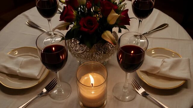 Romantic dinner table setting with red wine,roses and candlelight for a special occasion celebration