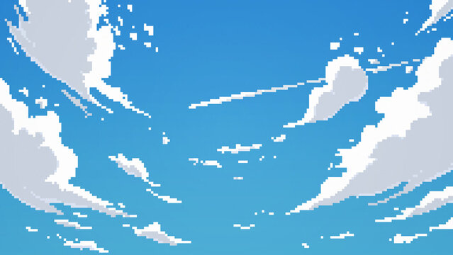 ドット絵　青空と飛行機雲のピクセルアート
