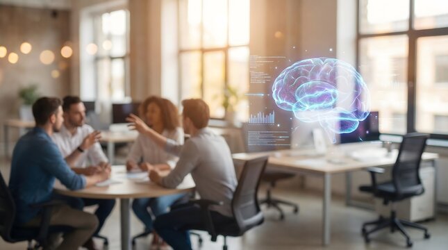 Diverse team collaborating in a modern office space with a glowing brain icon symbolizing innovation and ideas