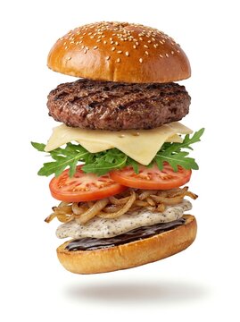 Exploded layered gourmet hamburger with premium ingredients on white background
