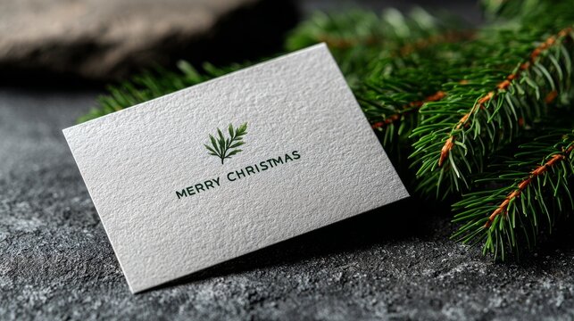 Amid fresh evergreen branches, a simple card with the words &ldquo;Merry Christmas&rdquo; embodies the season&rsquo;s pure simplicity and heartfelt essence