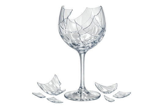 Broken wine glass with cracks and sharp shards symbolizing fragility, destruction, and crisis, transparent background
