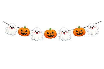 Obraz premium Halloween garland displaying cute cartoon ghosts and smiling jack-o'-lantern pumpkins on a string, transparent background