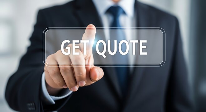 A person in a suit pressing a button on a screen that says get quote.