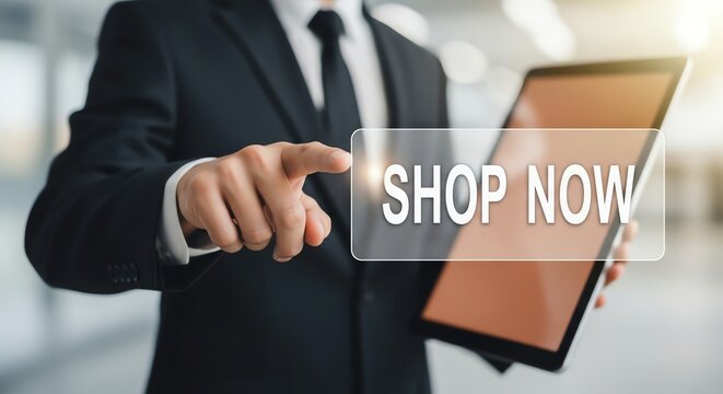 Man in suit pointing at a tablet with a shop now button on the screen