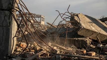 Twisted Rebar Protruding From Shattered Concrete Ruins