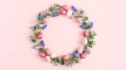 Obraz premium Easter pink eggs wreath with spring flowers and eucalyptus leaves on a pink background. Banner template for greeting card or Christian holiday invitations and Easter egg hunts with copyspace. 