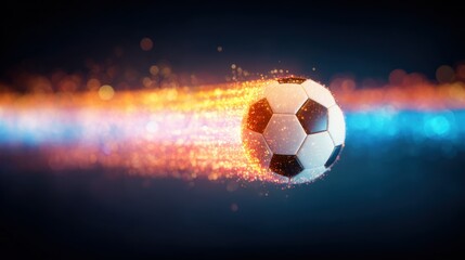 Fototapeta premium Soccer ball travels through space with bright light and motion effects