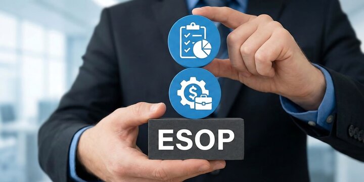 ESOP Employee Stock Ownership Plan Concept. Hands holding white blocks with icons sees text: ESOP. Employee benefit plan that gives workers ownership interest in company. new