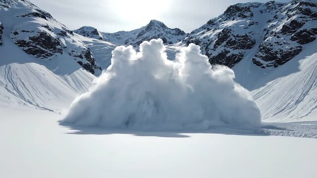 Massive snow avalanche crashing down a steep, icy mountain slope, creating a huge cloud of powder and debris in a wintry landscape.