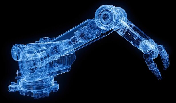 Blue digital wireframe hologram of an industrial robot arm on a black background for futuristic technology concept.