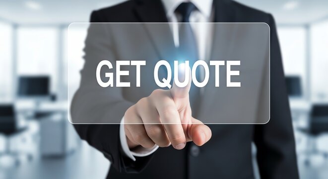 A person in a suit pressing a button on a screen that says get quote