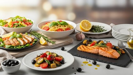 Gourmet Food Spread Featuring Salmon, Pasta, and Vegetables with Fresh Garnishes