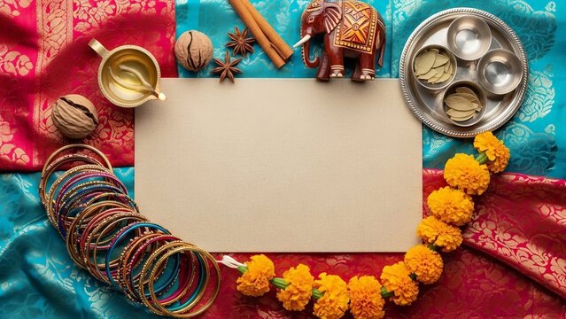 Indian Cultural Elements Bordering Empty Space with Elephant and Marigold Garland