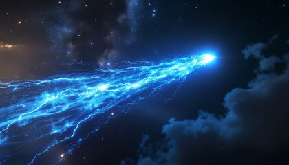 Obraz premium Comet's Electric Tail. Animation of Blue Lights Through Space. Cinematic/Cosmic. A dramatic view of a fast-moving comet streaking through a dark, star-dusted field. 