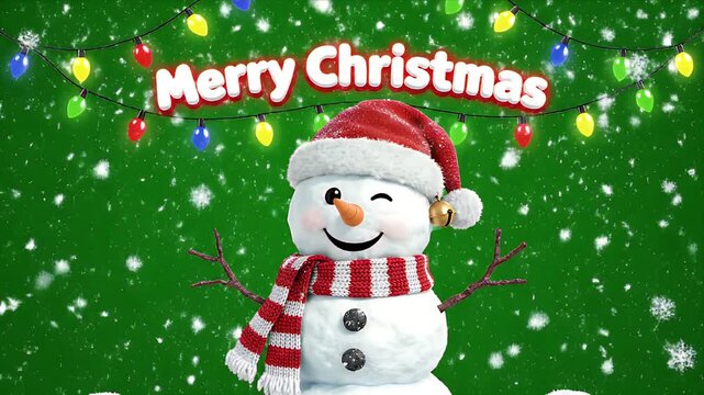 Festive Snowman Winking with a Red Santa Hat and Striped Scarf on a Green Screen Background with Falling Snow and