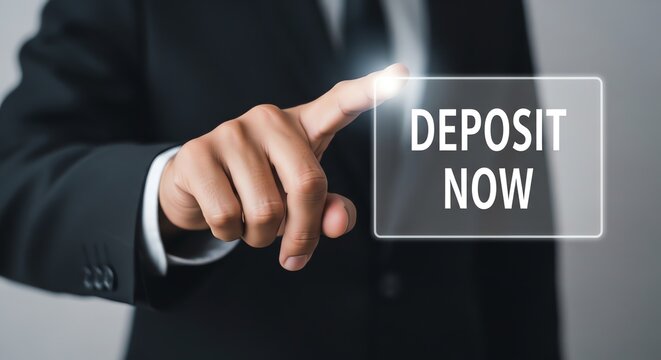 A person in a suit pressing a button labeled deposit now.