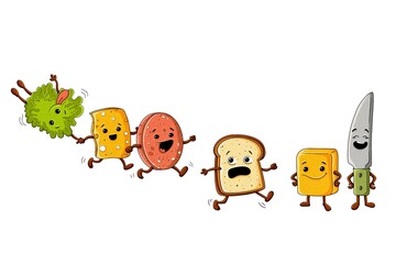 Cute cartoon food and kitchen characters including vegetables, cheese, bread and knife running together, hand drawn watercolor illustration, isolated on white background