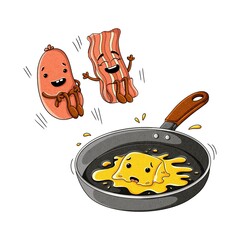 Funny cartoon breakfast scene with fried butter in pan and happy bacon and sausage characters, hand drawn watercolor illustration, isolated on white background
