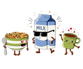 Cute cartoon breakfast food characters including cereal bowl, milk carton and coffee cup, hand drawn watercolor illustration, isolated on white background