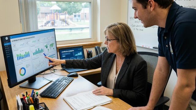 Woman colleague in office at desk reviewing ai education analytics report on computer laptop with school performance charts and predictive analytics