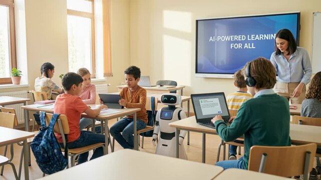 AI powered learning for all students modern classroom with teacher guiding diverse children using laptop tablet and educational robot