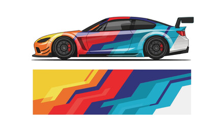 Naklejka premium Two vibrant geometric race cars depicted with bold colors and abstract panel artwork.