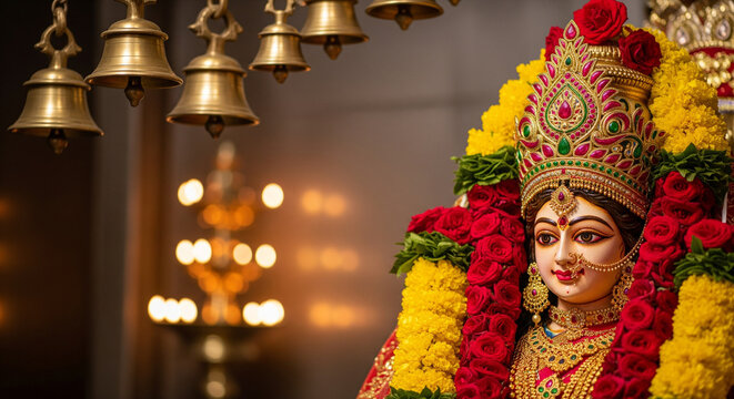 Maa Durga closup in Traditional Navratri Celebration Setup