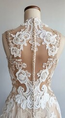 Elegant lace wedding dress with intricate floral patterns and a sheer back design.