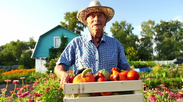 Farmer with vegetable harvest on farm plot