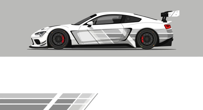 White race car with sleek aerodynamic design and racing livery side profile.