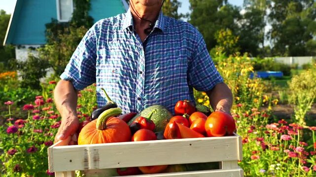 Farmer with vegetable harvest on farm plot