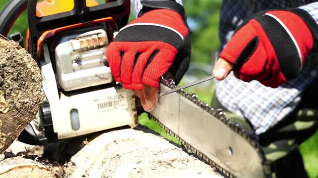 gardener with chainsaw in the garden