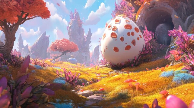 Fantasy landscape with giant egg, colorful plants, and rocky formations under a bright sky.