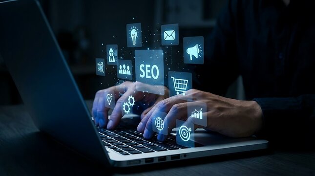 SEO digital marketing concept hands typing on laptop with search engine optimization icons 