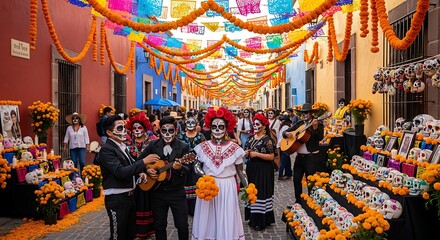 Colorful Day of the Dead parade with festive decorations and traditional costumes in vibrant street celebration