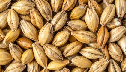 Fototapeta premium Golden grains of barley spread out on a surface in a close-up view for detailed examination or commercial display