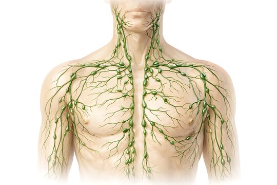 Human Lymphatic System Anatomy Illustration &ndash; Detailed Lymph Nodes and Vessels in Male Torso