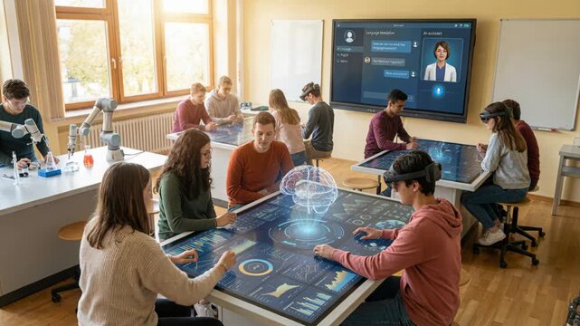 Immersive classroom collaboration with students using touchscreen tables hologram virtual reality vr headset for ai education and STEM learning