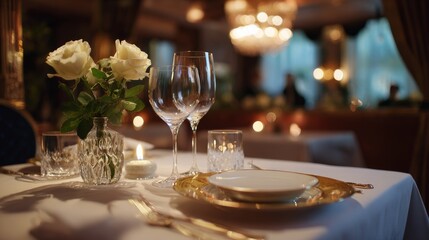 Fototapeta premium Elegant table setting with white roses, wine glasses for special events