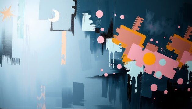 An abstract urban graffiti background where a business team joins 3d jigsaw puzzle pieces as a symbolic strategy for success and connection