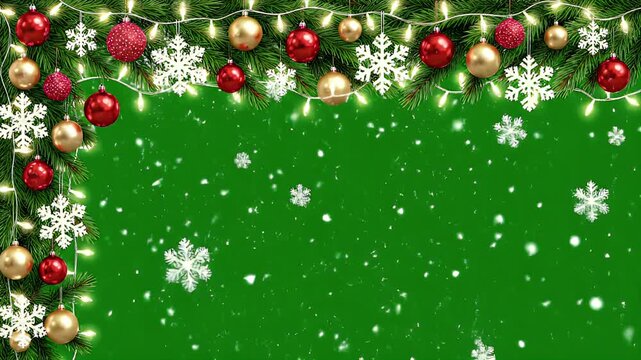 Green Screen Christmas Frame with Baubles Snowflakes and Falling Snow Animation Seamless Loop for Festive Season