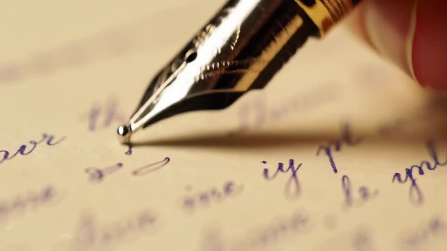 Elegant Fountain Pen Writing Cursive on Vintage Paper with Blue Ink.
