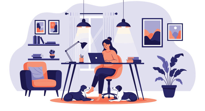 Cozy home office illustration featuring a woman working on a laptop at a desk with two dogs resting on a rug in a blue and orange room.