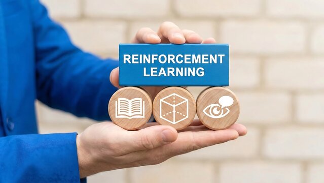 Business person holding blocks with icons sees the inscription: REINFORCEMENT LEARNING. Reinforcement Learning LLM Artificial Intelligence Agent Dynamic Environment Technology concept. new
