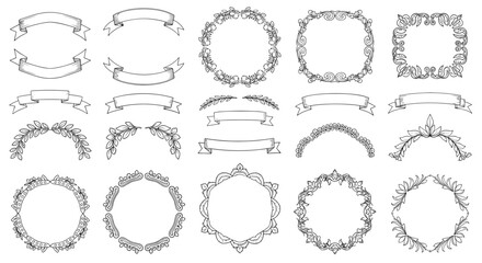 Large collection of black and white vintage decorative frames, ribbons, banners, and wreaths in a classic engraved scrollwork style for design.