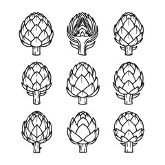 Artichoke Illustrations: Whole and Halved, Outline Vector Graphics